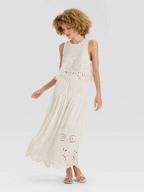 High-Rise Embroidered Eyelet Drop Waist A-Line Skirt - Future Collective Cream M